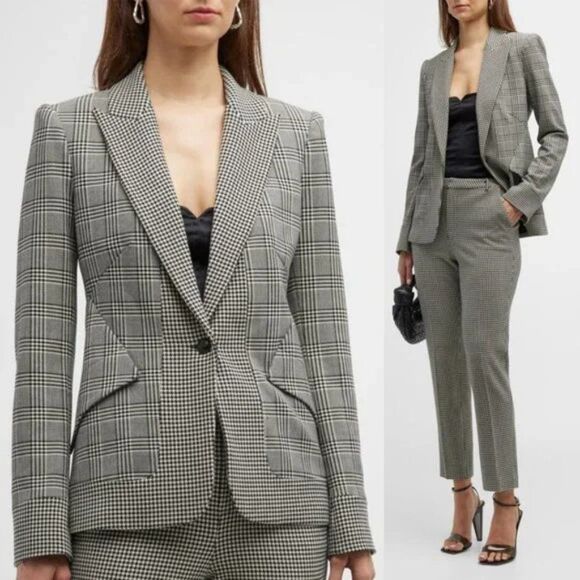 L'AGENCE Chamberlain Grey Plaid Houndstooth Single Breasted Blazer Jacket